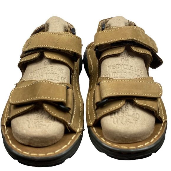 Miles Sandals Men’s Sz 8 Khaki Open-Toe Leather Adjustable Durable Shoes - Picture 1 of 6